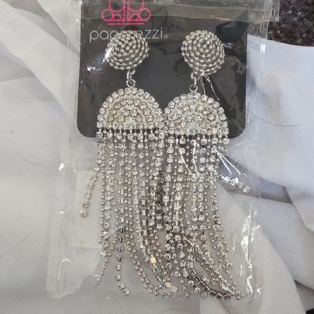 A Toast To You White Silver Fringe Earrings
